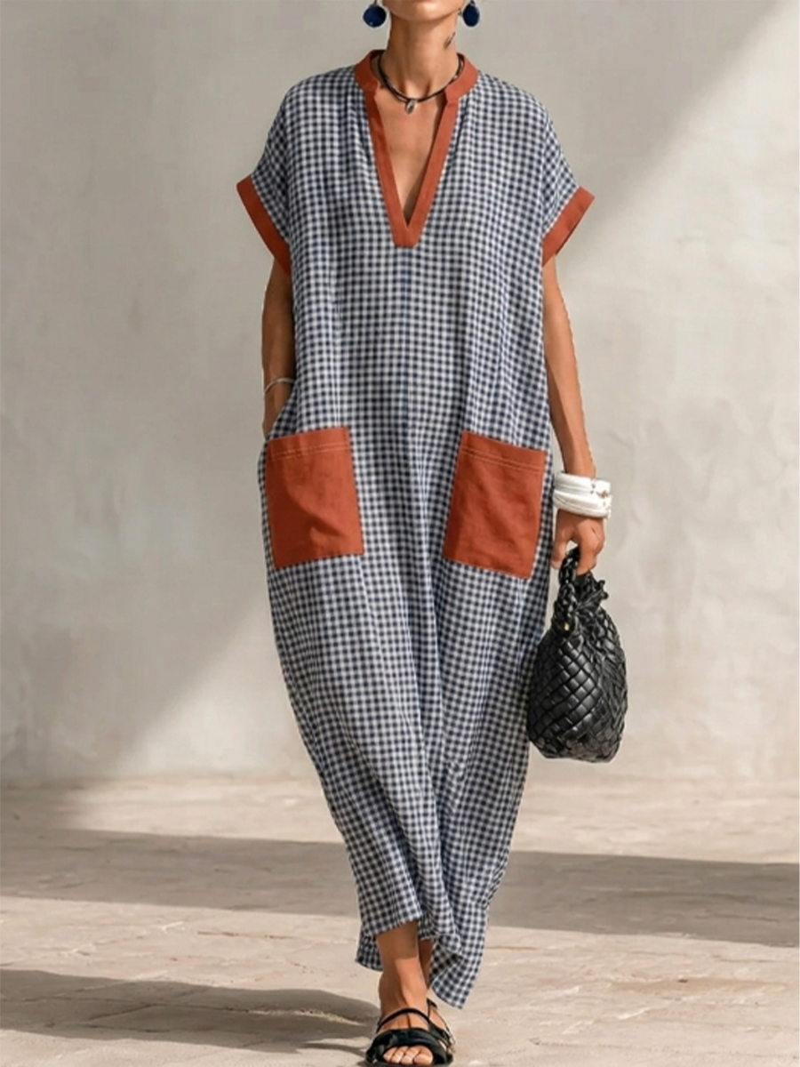 Casual Resort Contrast Cuff Gingham Loose Straight V-neck Ankle-length Linen Dress