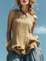 Women's Ruffle Hem Art Casual Stylish Sleeveless Cotton Linen Shirt
