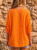 Women's Solid Color V-neck Long-sleeve Casual Loose Cotton-linen Top