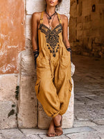 Fast Shipping (Ships in 24Hrs) Women's V-neck Sleeveless Wide-leg Jumpsuit - Casual Loose-fit Cotton-linen Print