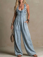 Light Wash Denim Eyelet Strap Raw Edge Front Zip Wide Leg Jumpsuit