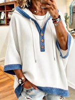 Casual Waffle Knit & Denim Trim Hooded Pullover