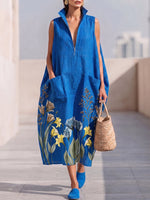 Artfully Tailored Floral Print Cotton-linen Dress