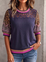 Vintage Elegant Patchwork Leopard Cut-Out Lace Chiffon Sweater