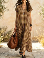 Women's Plaid Pattern Art Casual Stylish V-collar Short Sleeve Cotton Linen Maxi Dress