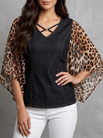Bold Denim Top – Strappy V-Neck & Flowing Leopard Chiffon Sleeves