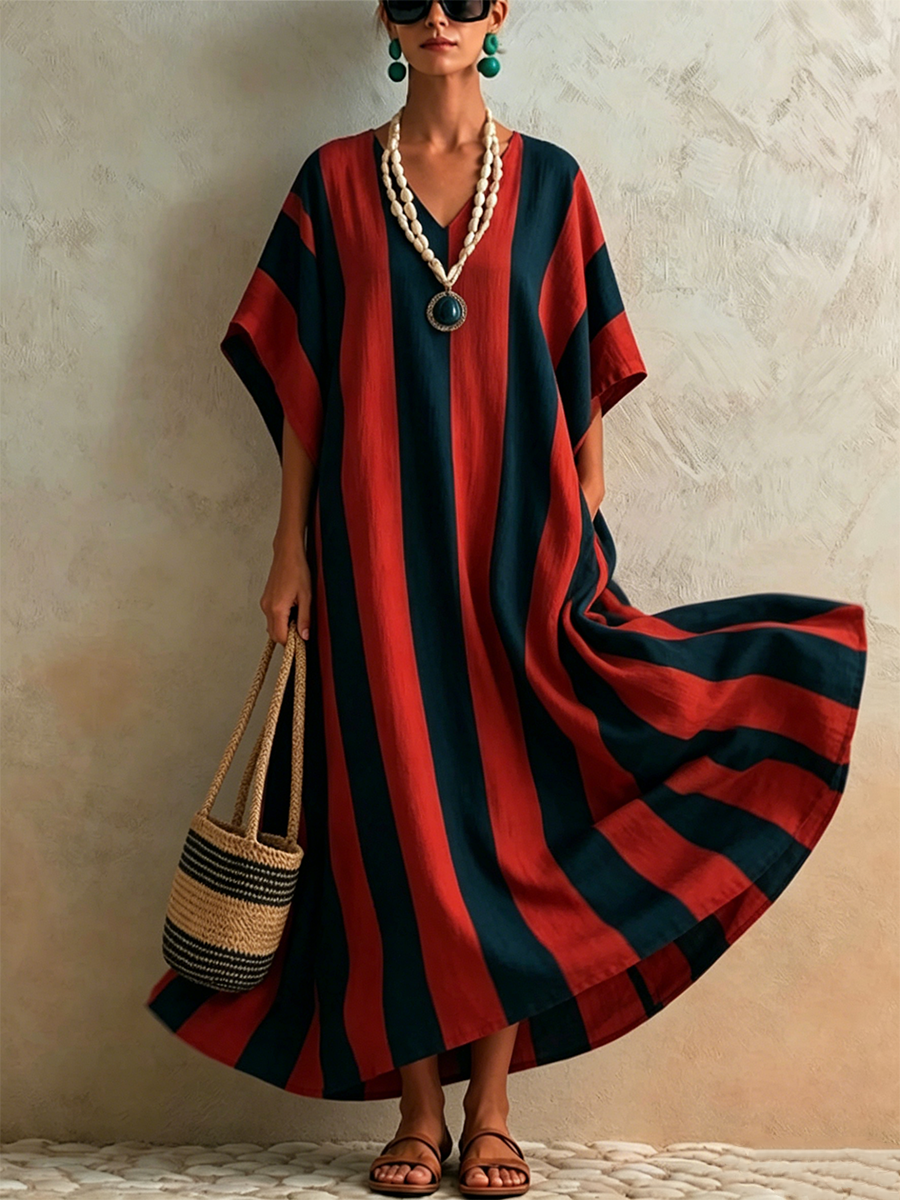 Laid-back Oversized Batwing Sleeve Vertical Stripe Side Pocket Linen Long Dress