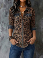 Stylish Casual Denim Zip-up Shirt With Leopard Print Panels