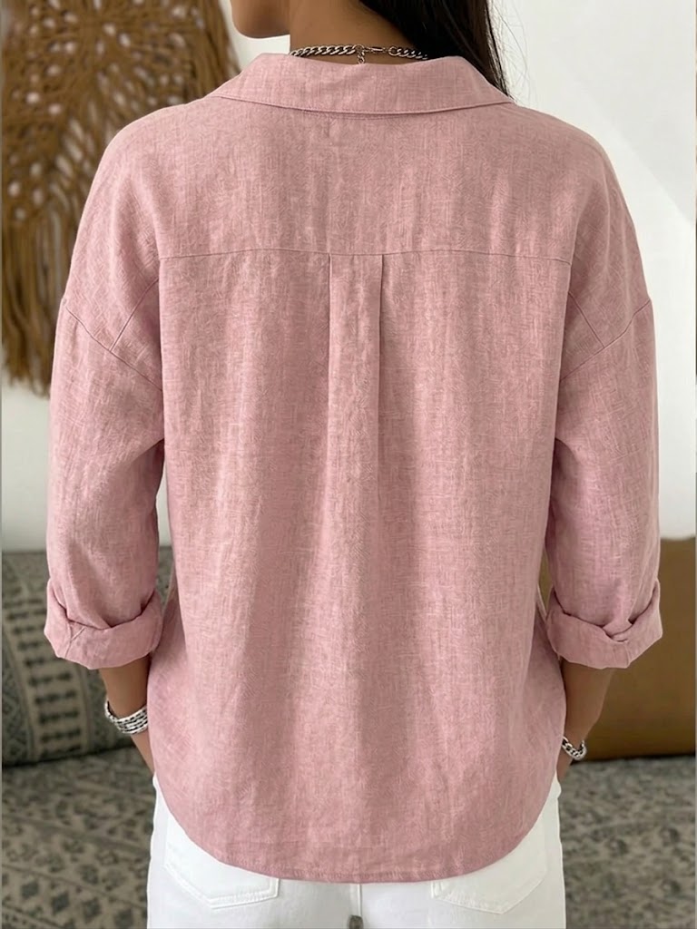 Casual Long-sleeve Linen-cotton Shirt With Metal Snaps