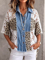Vintage Elegant Patchwork Denim Leopard Cut-Out Shirt