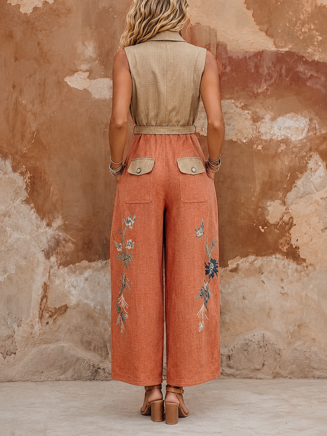Bohemian Floral Print Linen-cotton Sleeveless Jumpsuit