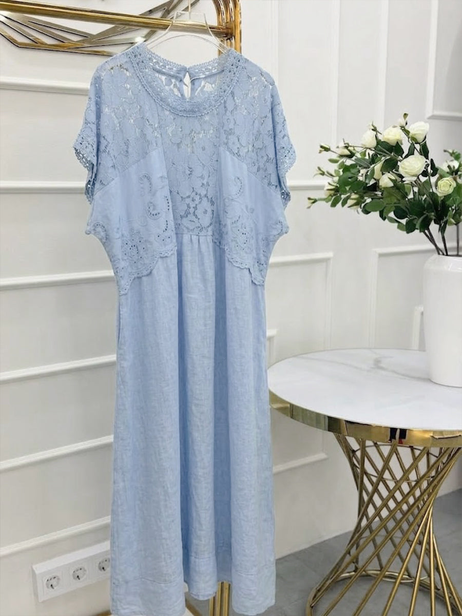 Elegant Dress Featuring A Spliced design Of Lace, Linen, And Cotton.