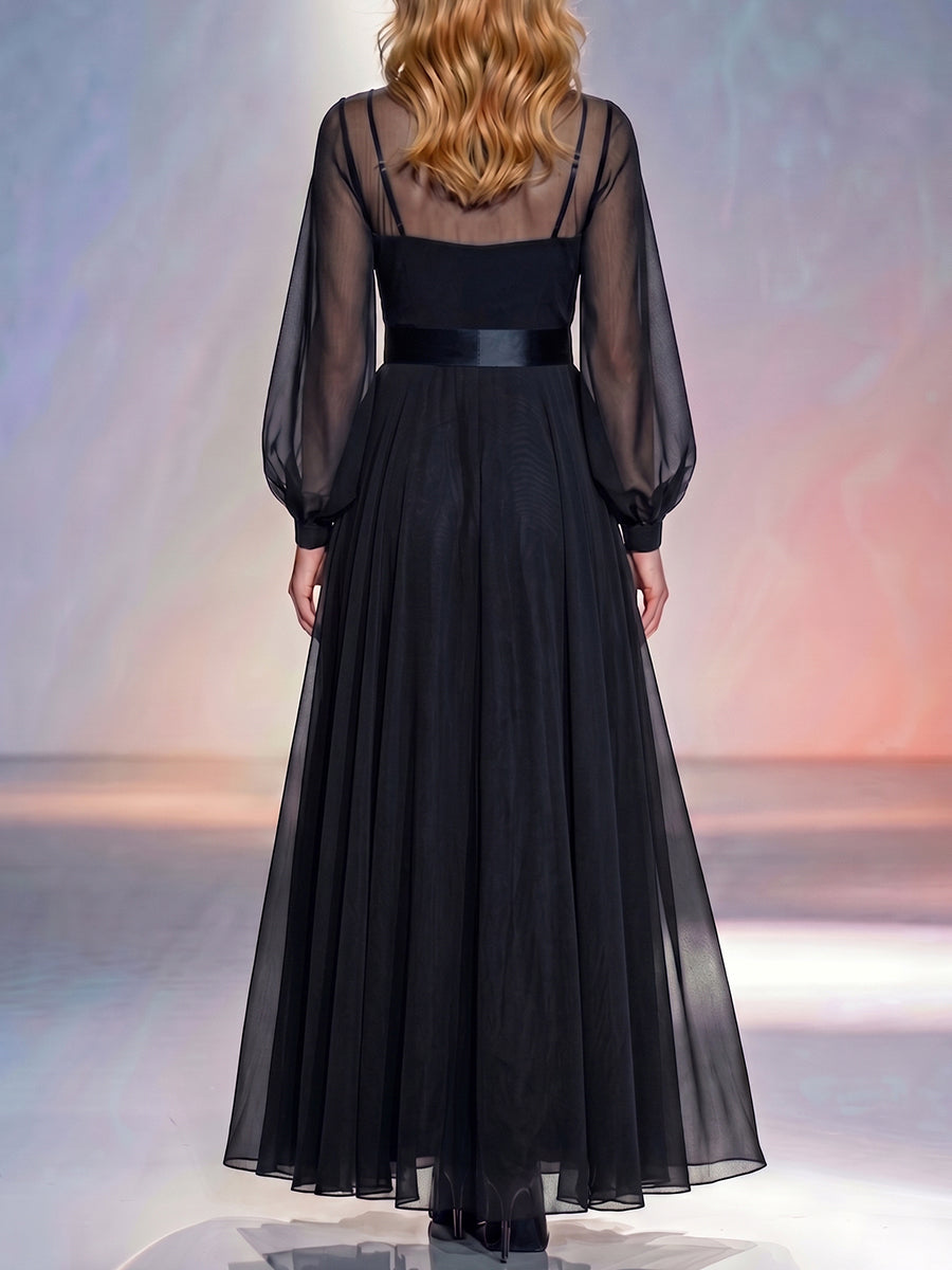 French-style Sophisticated Black Fitted Mesh Two-piece Dress