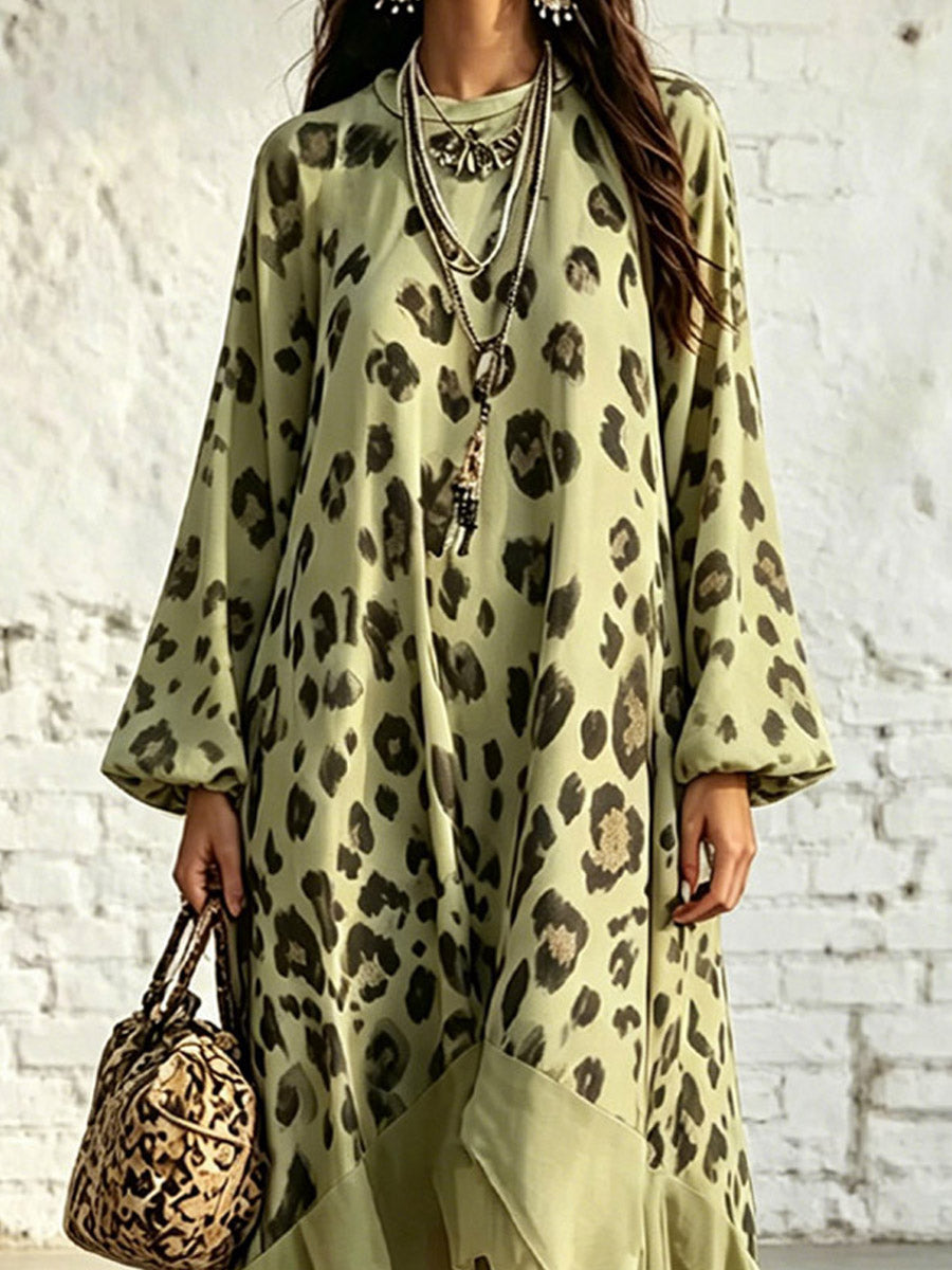 Women's Leopard Pattern Loose Art Casual Stylish Long Sleeve Dress