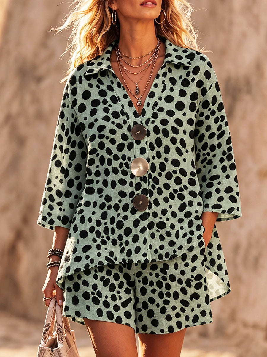 Resort Artistic Polka-dot Print Two-piece Set With Metal Buttons
