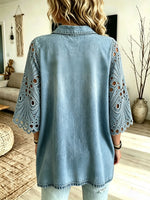 Women's Hollow Embroidery Lace Spliced Denim Loose 3/4 Sleeve Blouse