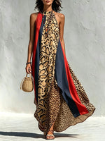 Women's Leopard Color Block Stripe Halter Slit Maxi Dress