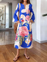 Women's Abstract Print V-neck Long-sleeve Casual Loose Cotton-linen Dress