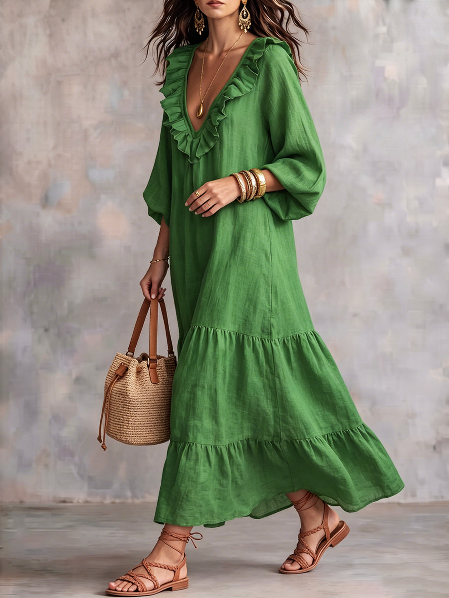 Boho Ruffled Cotton-linen Dress With Pockets