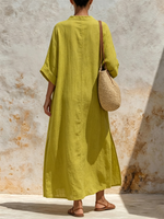 Long Linen Vacation Maxi Dress Featuring A Split Mandarin Collar, V-neck, Three-quarter Sleeves, Side Slits, And Pockets