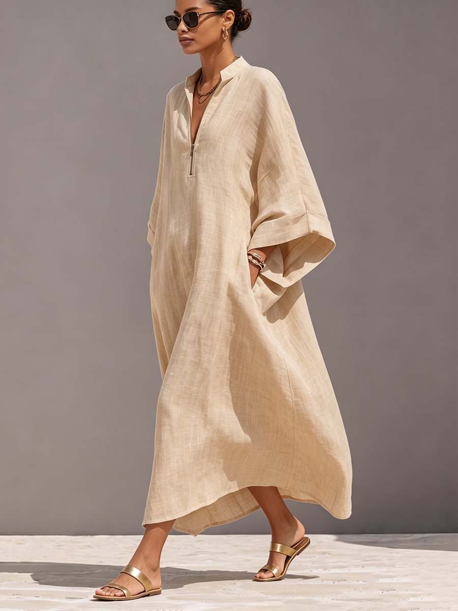 Minimalist Beige Cotton-linen Zip-front Caftan Maxi Dress