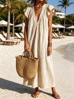 Women's Ruffle Art Casual Stylish V-collar Cotton Linen Maxi Dress