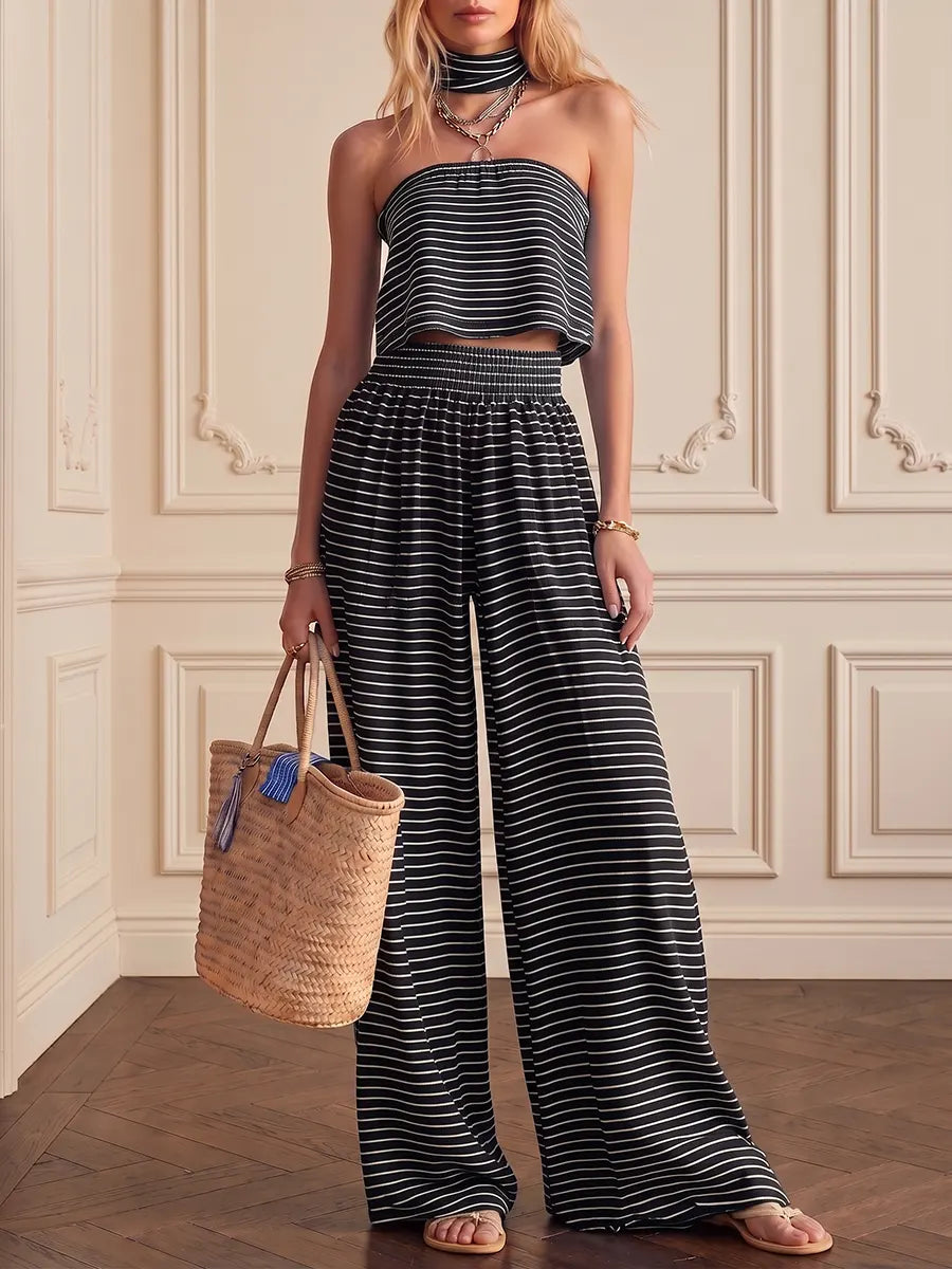 Effortless Striped Crop Top & Wide-leg Trouser Set（includes Neck Gaiter）