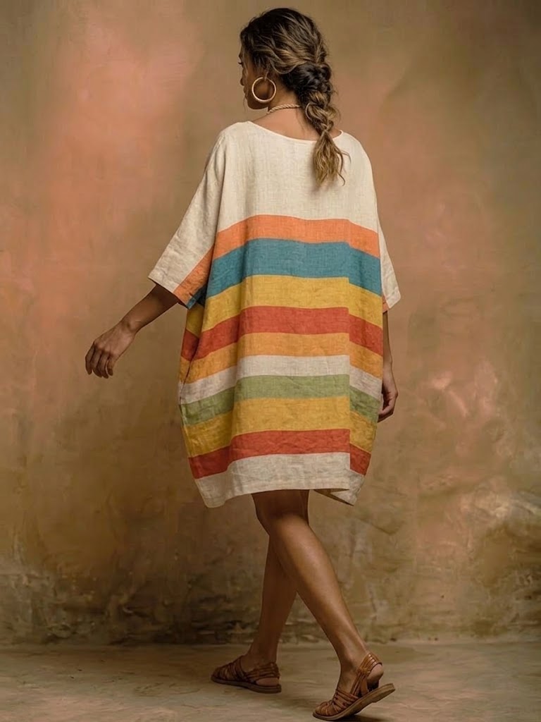 Loose-fit Casual Rainbow-striped Linen-cotton Dress