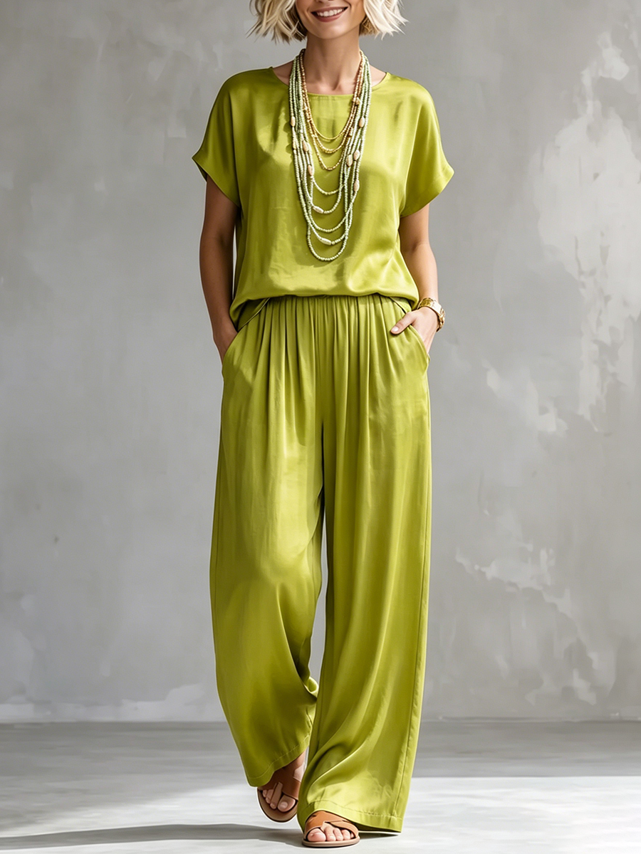Cozy Elegant Creamy Soft Satin Two-piece Set