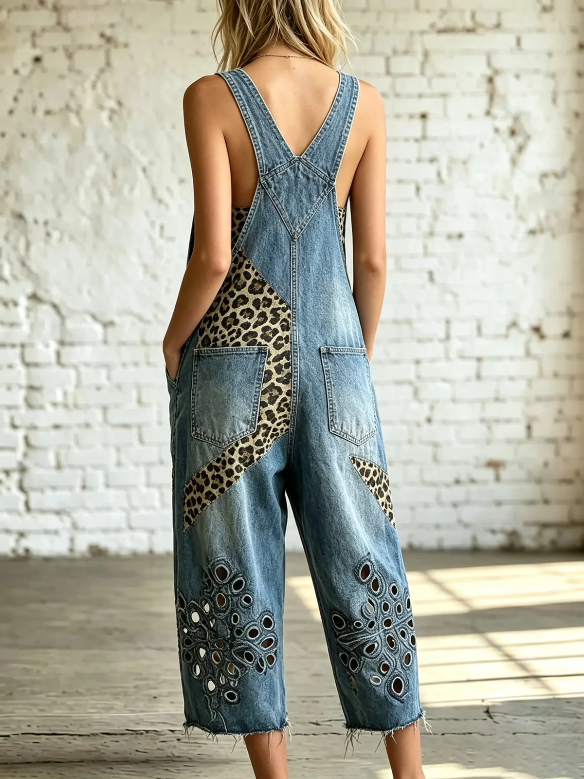 Women's Leopard Patchwork Eyelet Cropped Denim Overalls