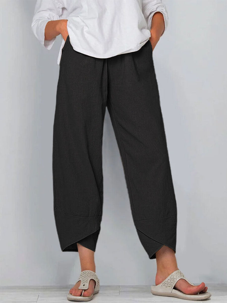 Women's Solid Color Stylish Loose-fit Casual Cropped Cotton And Linen Pants
