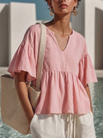 Relaxed-fit V-neck Cotton-linen Top With Ruffled Elbow-length Sleeves