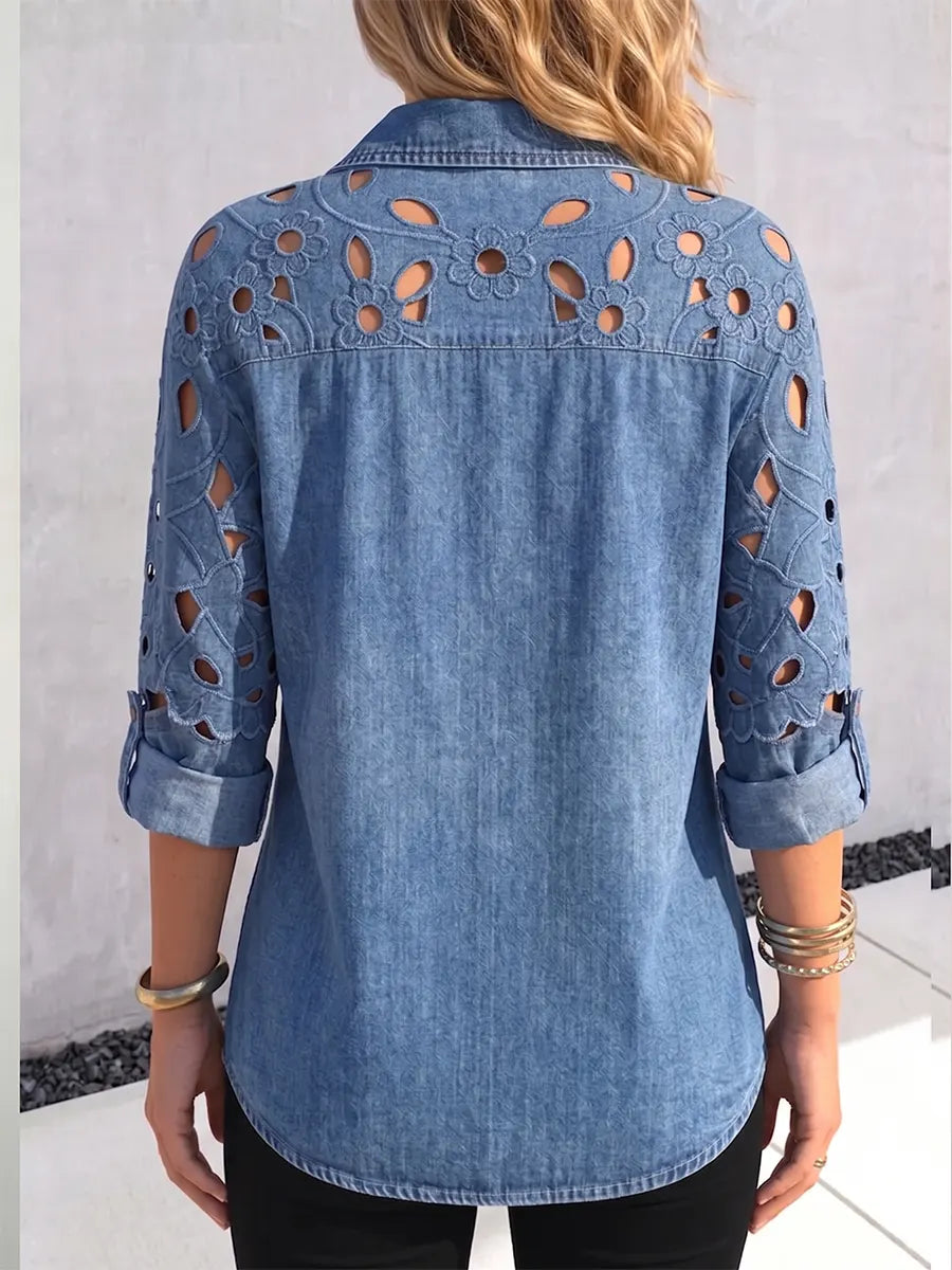 Floral Cutout Chambray Denim Button-Down Blouse