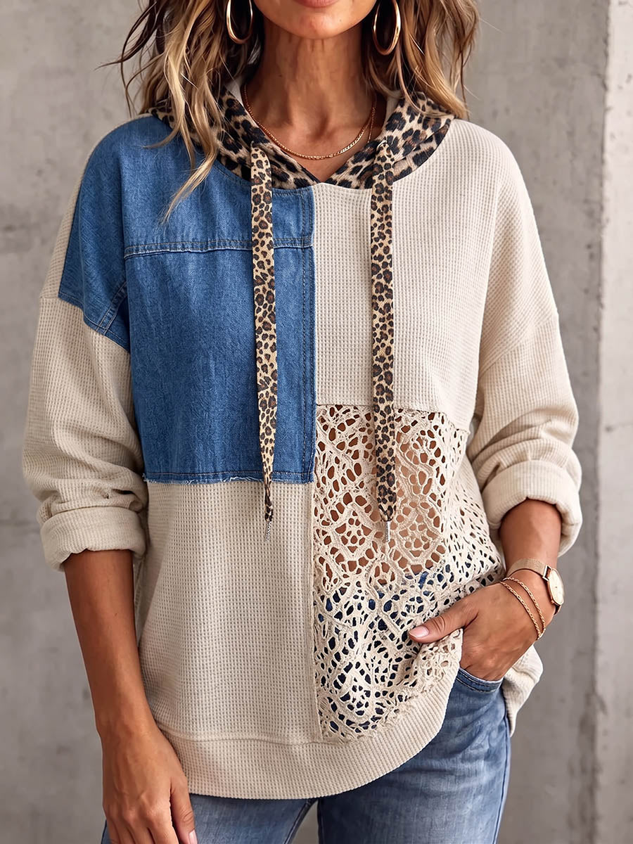 Vintage Elegant Floral Embroidered Cutout Lace Waffle Patchwork Denim Sweatshirt