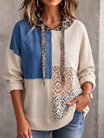 Vintage Elegant Floral Embroidered Cutout Lace Waffle Patchwork Denim Sweatshirt