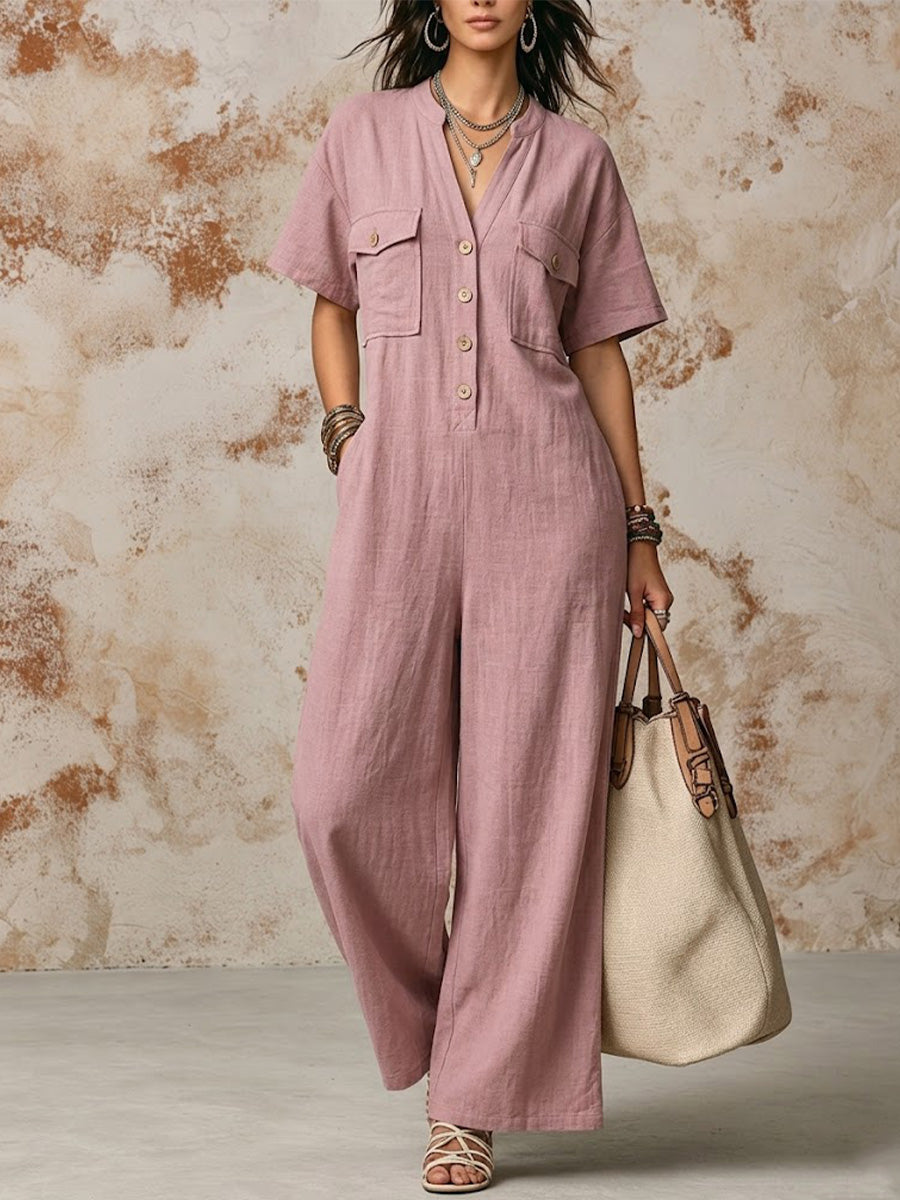Short-sleeve Wide-leg Cotton-linen Jumpsuit Featuring A Stand Collar, Half-button Placket, And Dual Chest Patch Pockets
