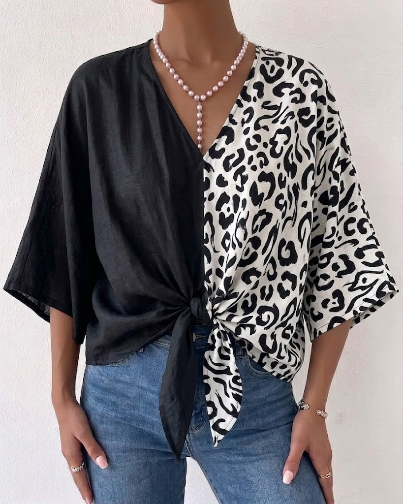 Casual-chic Linen And Cotton Top Featuring A Solid Color And Leopard Print Panel Design.