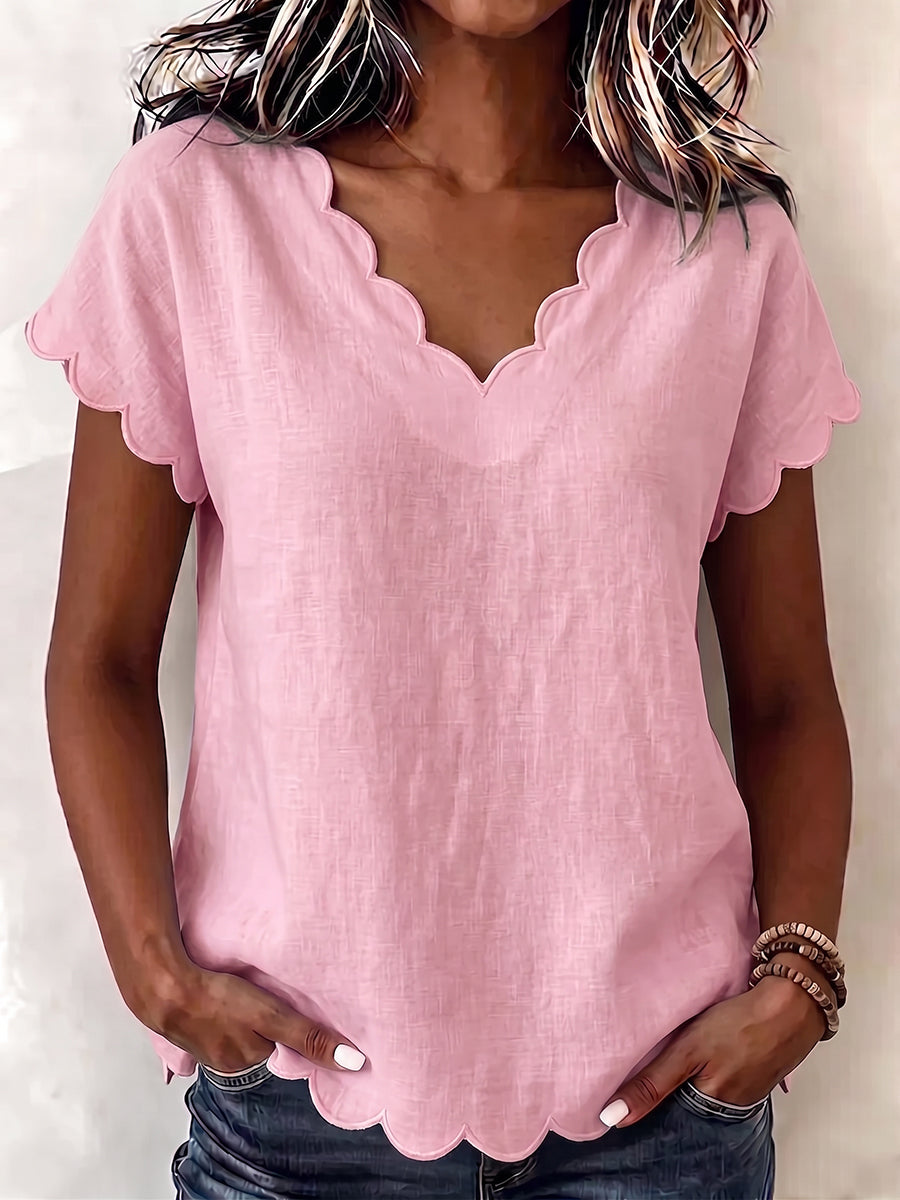 Sweet & Sophisticated Scallop Hem Summer Blouse - Relaxed Fit Solid Color Top