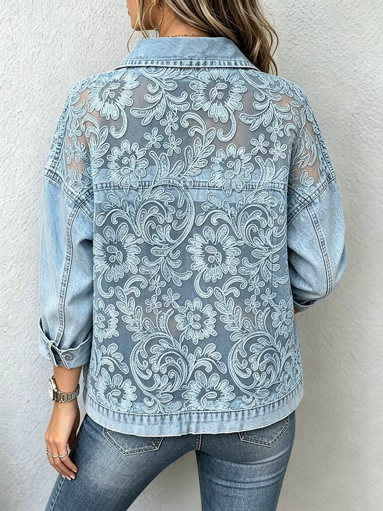 Stylish Casual Denim Jacket With Paneled 3d Lace Details