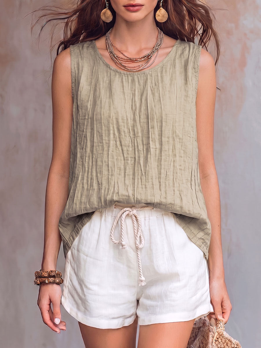 Women's Solid Color Crew Neck Sleeveless Casual Loose Cotton-linen Top