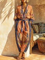 Women's Retro Floral Art Print Casual Top And Pants Cotton And Linen Two-piece Set