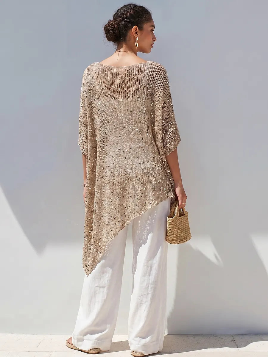 Shimmering Sequin Knit Tunic – Asymmetrical Draped Poncho Top