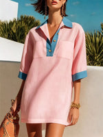 Women's Color Block Stylish Art Casual Lapel Cotton Linen Short Dress