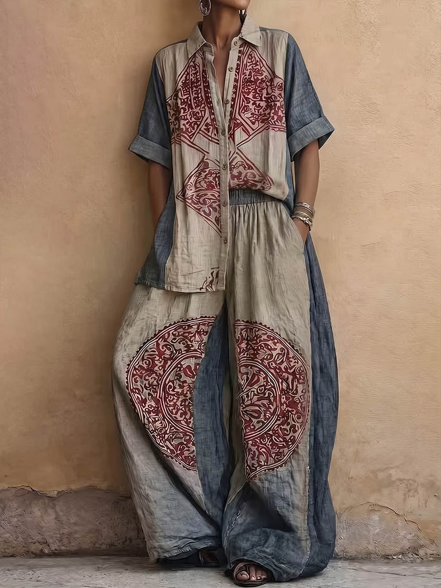 Women's Vintage Placement-print Cotton-linen Set: Short-sleeve Collared Loose Top & High-waisted Wide-leg Pants