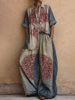 Women's Vintage Placement-print Cotton-linen Set: Short-sleeve Collared Loose Top & High-waisted Wide-leg Pants