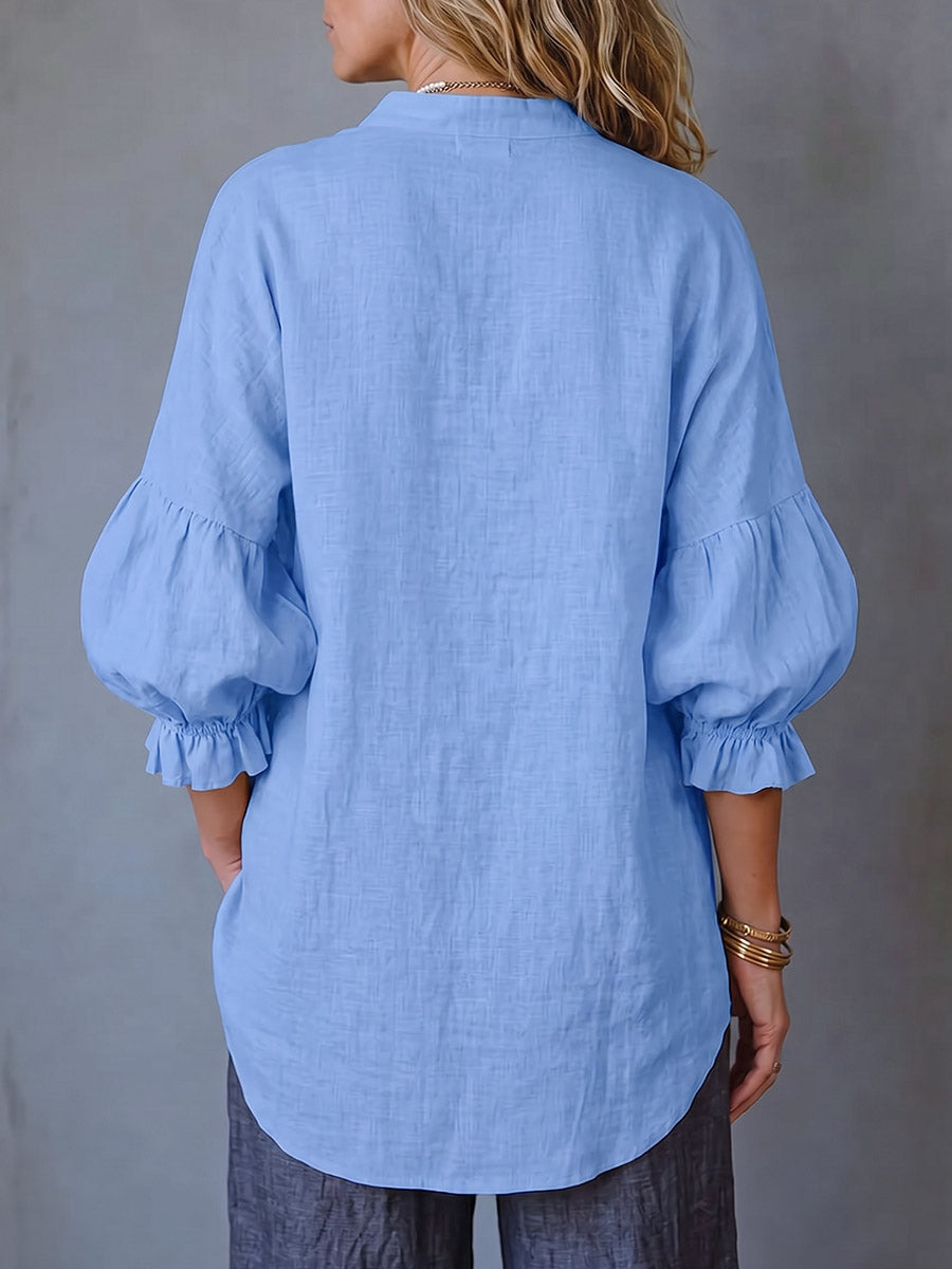 Women's Solid-color Stand-collar 3/4 Sleeve Casual Loose Cotton-linen Top