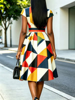 Women's Geometric Pattern Print Chic Art Casual Stylish Midi Dress
