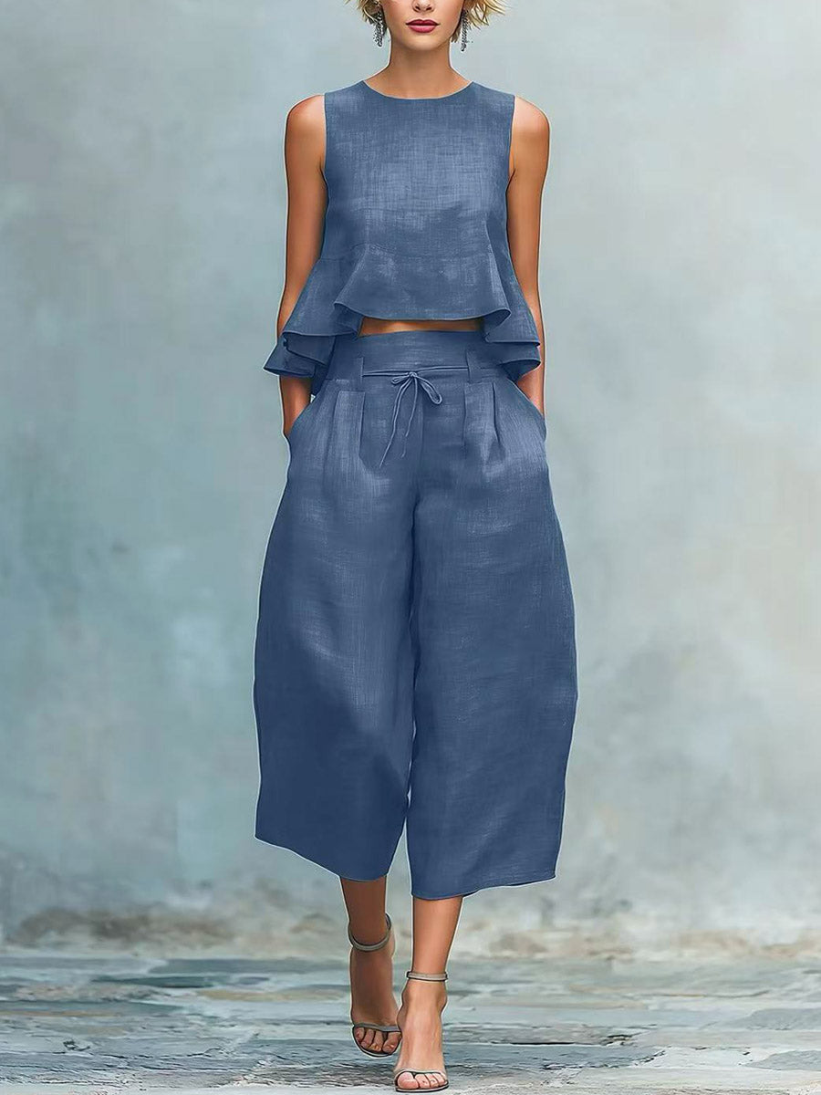 Women's Casual Stylish Ruffled Loose Sleeveless Top And Pants Linen Two-piece Set