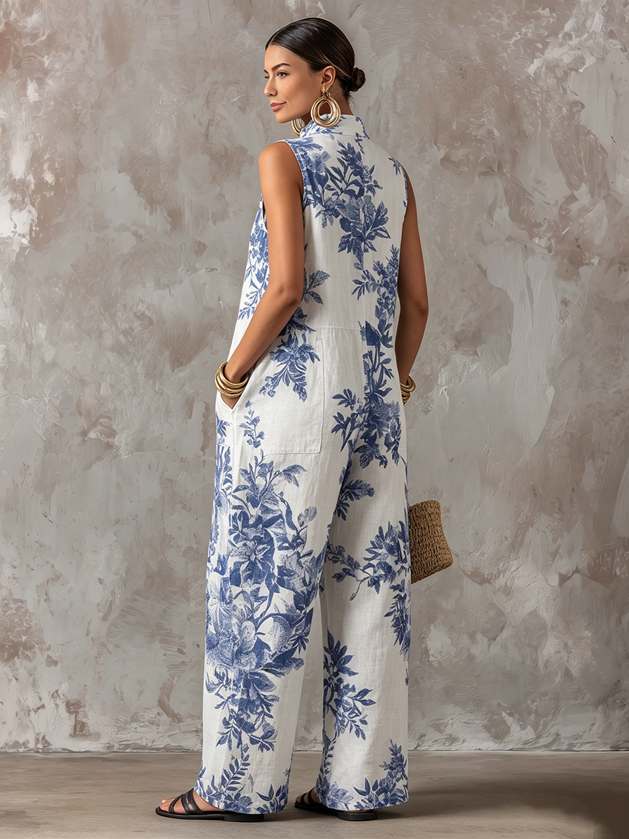 Romantic Elegant Floral-print Cotton-linen Jumpsuit