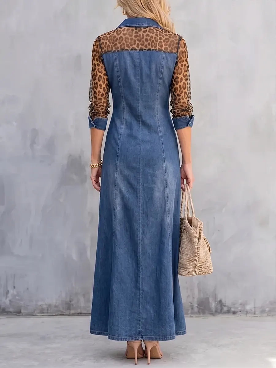 Edgy Denim & Sheer Leopard Print Maxi Dress